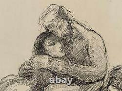 Vintage Antique Master Drawing Signed Illegible Lovers Embrace Man Woman Couple