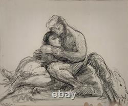Vintage Antique Master Drawing Signed Illegible Lovers Embrace Man Woman Couple