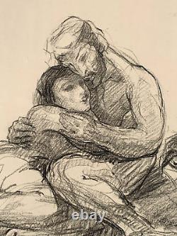 Vintage Antique Master Drawing Signed Illegible Lovers Embrace Man Woman Couple