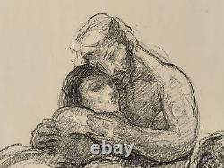 Vintage Antique Master Drawing Signed Illegible Lovers Embrace Man Woman Couple