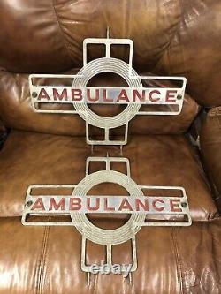 Vintage Antique Pair Hearse Ambulance Window Emblem Signs Miller Meteor Old Deco