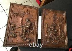 Vintage Antique Pair Repousse Copper Wall Plaques Signed SL Figuaral Kitchen