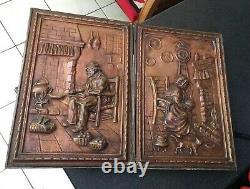 Vintage Antique Pair Repousse Copper Wall Plaques Signed SL Figuaral Kitchen