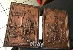 Vintage Antique Pair Repousse Copper Wall Plaques Signed SL Figuaral Kitchen