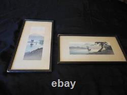 Vintage Antique Pair Signed Japanese Watercolor Paintings Ship Sail Boat Scenes