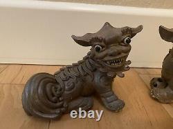 Vintage/Antique Signed Pair Chinese/Japanese Foo Dogs Art Pottery Clay Statues