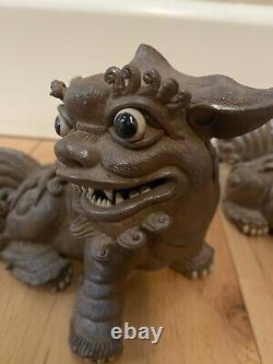 Vintage/Antique Signed Pair Chinese/Japanese Foo Dogs Art Pottery Clay Statues