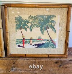 Vintage Art Caribbean Set Serigraph Tropical Beach F. L. Saguild-signed Pair Of 2