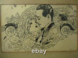 Vintage Art Deco Romantic Couple Auto Babies Ink Sketch Drawing Signed Frame