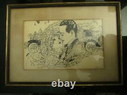 Vintage Art Deco Romantic Couple Auto Babies Ink Sketch Drawing Signed Frame