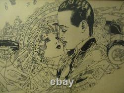 Vintage Art Deco Romantic Couple Auto Babies Ink Sketch Drawing Signed Frame