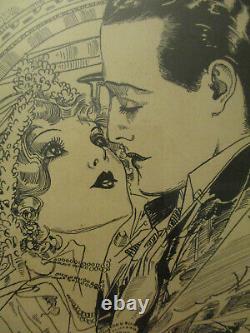 Vintage Art Deco Romantic Couple Auto Babies Ink Sketch Drawing Signed Frame