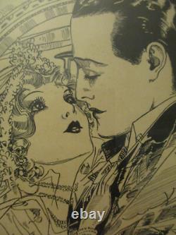 Vintage Art Deco Romantic Couple Auto Babies Ink Sketch Drawing Signed Frame
