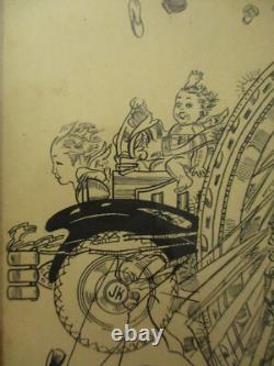 Vintage Art Deco Romantic Couple Auto Babies Ink Sketch Drawing Signed Frame