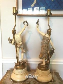 Vintage Art Nouveau Signed Louis Moreau Painted Figural Metal Pair Lamps