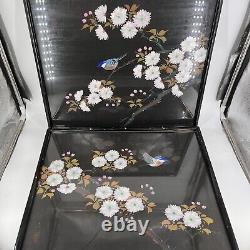 Vintage Asian Hand Painted Black Silk Lacquered Wood Framed Signed Bluebirds 2