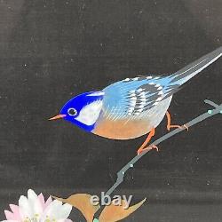 Vintage Asian Hand Painted Black Silk Lacquered Wood Framed Signed Bluebirds 2