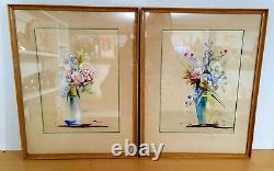 Vintage Bolin Signed Original Flower Arrangements Watercolor Paintings Pair