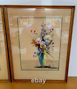 Vintage Bolin Signed Original Flower Arrangements Watercolor Paintings Pair