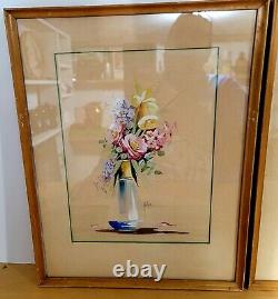 Vintage Bolin Signed Original Flower Arrangements Watercolor Paintings Pair