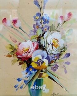 Vintage Bolin Signed Original Flower Arrangements Watercolor Paintings Pair