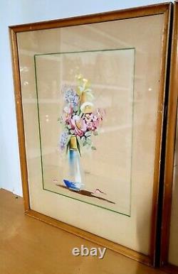 Vintage Bolin Signed Original Flower Arrangements Watercolor Paintings Pair