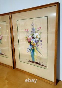 Vintage Bolin Signed Original Flower Arrangements Watercolor Paintings Pair