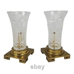 Vintage Brass Dresden Table Lamp Pair Cut Crystal Greek Key Signed Chinoiserie