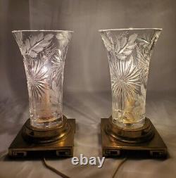 Vintage Brass Dresden Table Lamp Pair Cut Crystal Greek Key Signed Chinoiserie