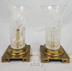 Vintage Brass Dresden Table Lamp Pair Cut Crystal Greek Key Signed Chinoiserie