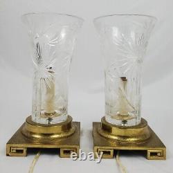 Vintage Brass Dresden Table Lamp Pair Cut Crystal Greek Key Signed Chinoiserie