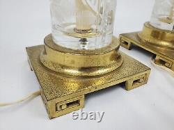 Vintage Brass Dresden Table Lamp Pair Cut Crystal Greek Key Signed Chinoiserie