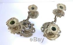 Vintage Brass Ornate Signed Pair of Antique French Cabinet Candlesticks Holders