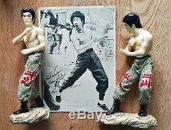 Vintage Bruce Lee original Ceramic Statues Kung Fu card signed 1976 Pair RaRe