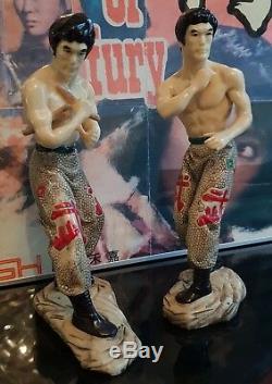 Vintage Bruce Lee original Ceramic Statues Kung Fu card signed 1976 Pair RaRe