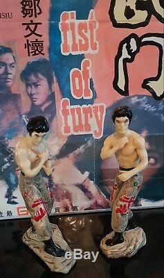 Vintage Bruce Lee original Ceramic Statues Kung Fu card signed 1976 Pair RaRe