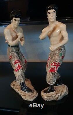 Vintage Bruce Lee original Ceramic Statues Kung Fu card signed 1976 Pair RaRe