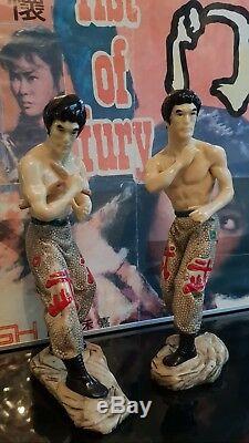 Vintage Bruce Lee original Ceramic Statues Kung Fu card signed 1976 Pair RaRe