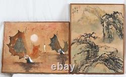 Vintage Chinese Ink 16x21 Silk Painting Pair Junk Ship Seascape Landscape Signed