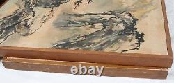 Vintage Chinese Ink 16x21 Silk Painting Pair Junk Ship Seascape Landscape Signed