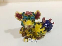 Vintage Chinese Painted/Glazed Porcelain/Ceramic Foo Dogs Pair-3 Tall-Signed