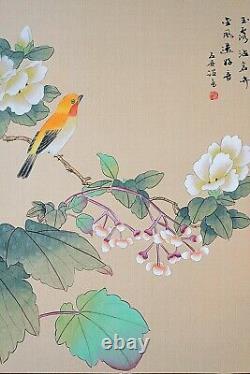 Vintage Chinese Painting on Silk, Pair of Asian Watercolor, Yellow and Blue Bird