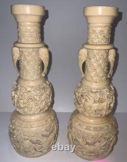 Vintage Chinese White Cinnabar Vases Pair Lacquer Resin Elephant Bulls Signed