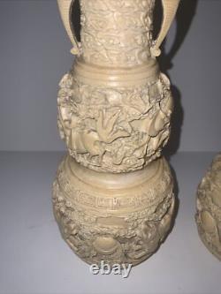 Vintage Chinese White Cinnabar Vases Pair Lacquer Resin Elephant Bulls Signed