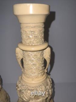 Vintage Chinese White Cinnabar Vases Pair Lacquer Resin Elephant Bulls Signed