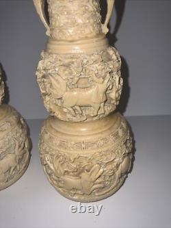 Vintage Chinese White Cinnabar Vases Pair Lacquer Resin Elephant Bulls Signed