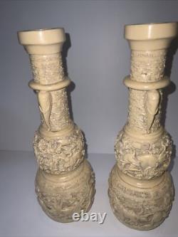 Vintage Chinese White Cinnabar Vases Pair Lacquer Resin Elephant Bulls Signed