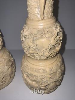 Vintage Chinese White Cinnabar Vases Pair Lacquer Resin Elephant Bulls Signed