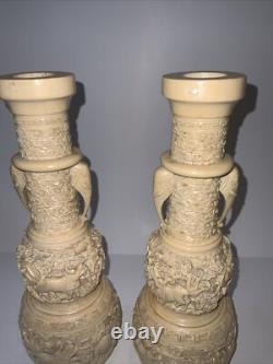 Vintage Chinese White Cinnabar Vases Pair Lacquer Resin Elephant Bulls Signed