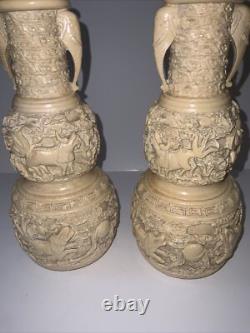 Vintage Chinese White Cinnabar Vases Pair Lacquer Resin Elephant Bulls Signed